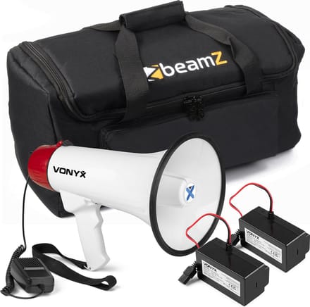 Vonyx MEG045 complete megafoon set met draagtas en 2x lithium-ion accu’s - Rood-witte megafoon - 45W