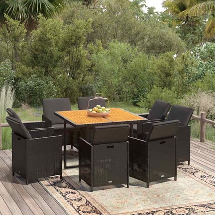 vidaXL - 9-delige - Tuinset - met - kussens - poly - rattan - zwart