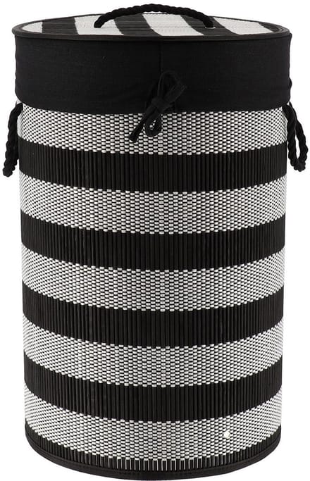 Tendance Wasmand Rustic met deksel bamboe - zwart/wit - rond - katoen/bamboe - 67 liter - 35 x 35 x 55 cm