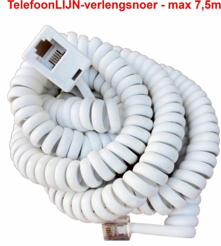 Telefoon VERLENGSNOER - Krulsnoer voor telefoonLIJN - 7,5m - wit - spiraalkabel