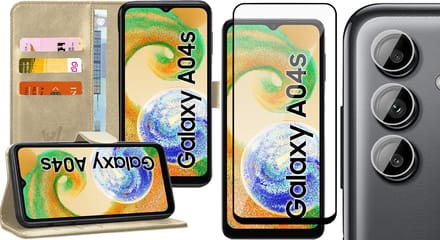 Hoesje geschikt voor Samsung Galaxy A04s / A13 5G - Screenprotector FullGuard & Camera Lens Screen Protector - Book Case Kunstleer Pasjeshouder Goud
