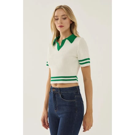 Gekleurde Geblokte Gebreide Top met Shirtkraag
