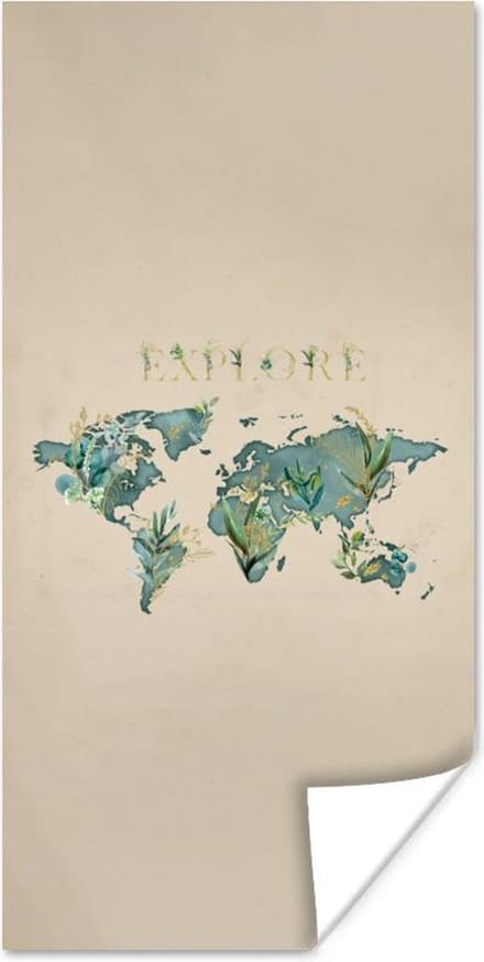 Poster Wereldkaart - Planten - Water - 75x150 cm