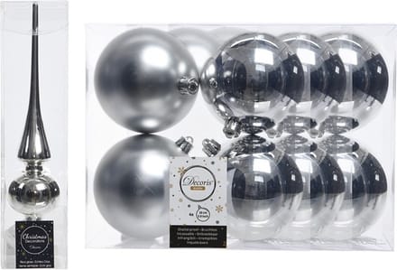 Kerstboom decoratie zilver piek en 12x kerstballen 10 cm