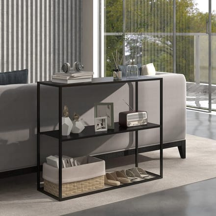 Pugsdrly Consoletafel, dressoir, 2 niveaus, gepoedercoat staal, 90 x 30 x 75 cm, zwart