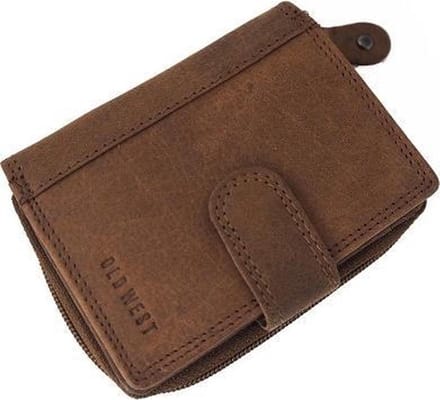 Old West Leren Portemonnee met Drukknoopsluiting en ritssluiting - Hunterleer - 10 Pasjes - RFID – Donkerbruin
