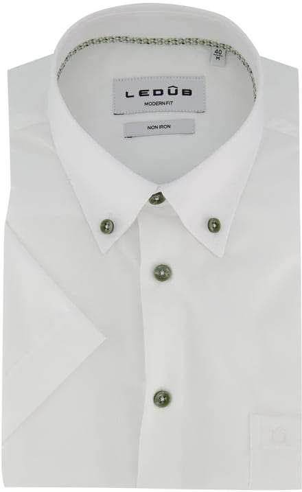 Wit Ledub overhemd korte mouw Modern Fit strijkvrij met groene knopen