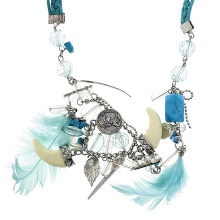 Behave - Ketting turquoise met veren en muntjes - Boho festivalstijl