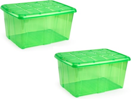Plasticforte opslagbak organizers met deksel - 2x - transparant/groen - 60 liter - kunststof
