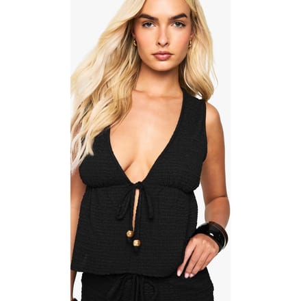 boohoo Dames Beaded Textured Tie Front Waistcoat | Black | Maat: 10