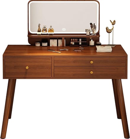 Kaptafel met Spiegel - Make-up tafel Vanity desk - Schoonheidsroutine - Verstelbare LED Verlichting - 100cm - Walnoot