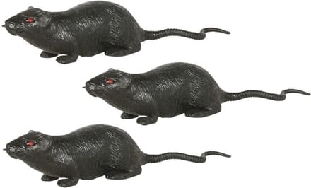 Grote plastic rat - 3x - donkergrijs - 20 cm - met rode ogen - enge namaak dieren - Halloween/horror decoratie/versiering