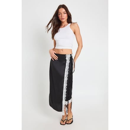 boohoo Dames Satijnen Midaxi Wikkelrok Met Kanten Bies | Zwart | Maat: 36