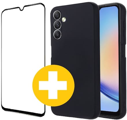 Hoesje en Screenprotector Combi Geschikt Voor Samsung A14 - Zwart Hoesje + Premium Screenprotector