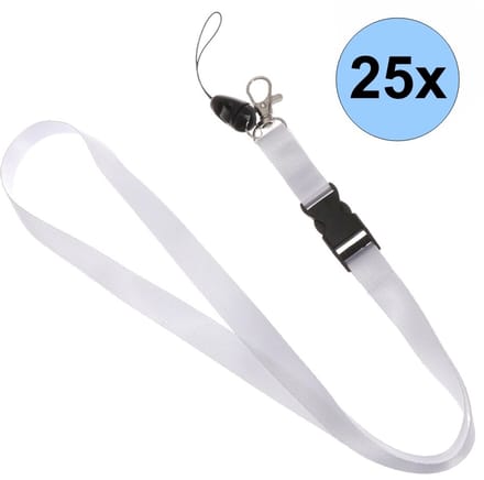 25 Witte Keycords - Keycord - Lanyard - Sleutelkoord - Badgehouder - 51cm - 20mm - Wit - 25 Stuks