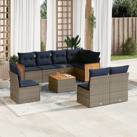 vidaXL - 9-delige - tuinbankset - met - kussens, - grijs - polyrotan