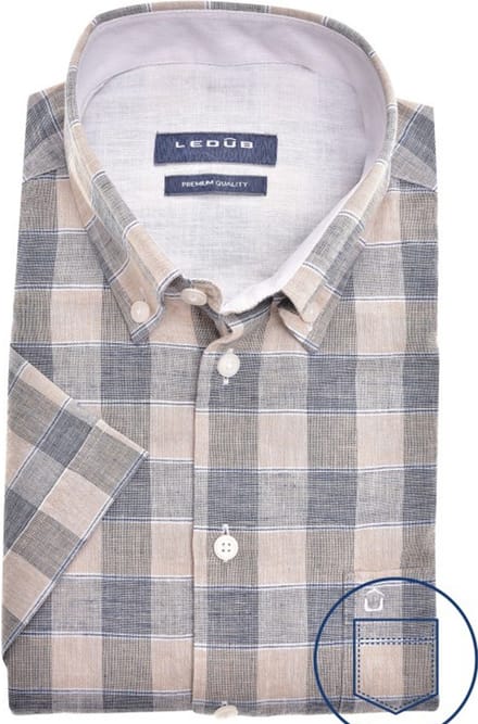 Ledub modern fit overhemd - korte mouw - lichtbruin - Strijkvriendelijk - Boordmaat: 44