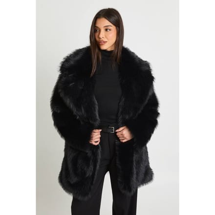 boohoo Dames Lange Vintage Look Nepbont Jas | Black | Maat: 8