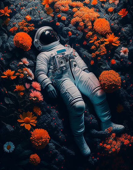 AI - Woondecoratie - Poster - Astronaut - bloemen – 04 - 30 x 40 cm