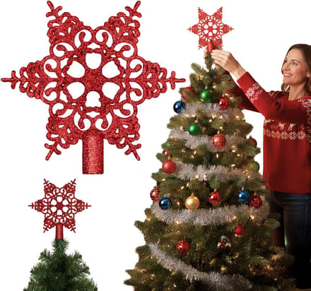 Rode, opengewerkte sneeuwvlok, kerstboomtop, glitterster, punt, kerstboomversiering 20 cm