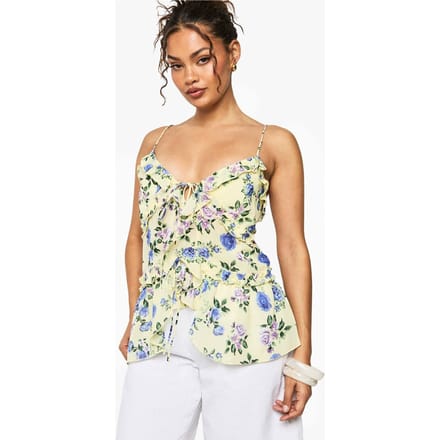 boohoo Dames Geweven Bloemenprint Ruffle Cami | Lemon | Maat: XS