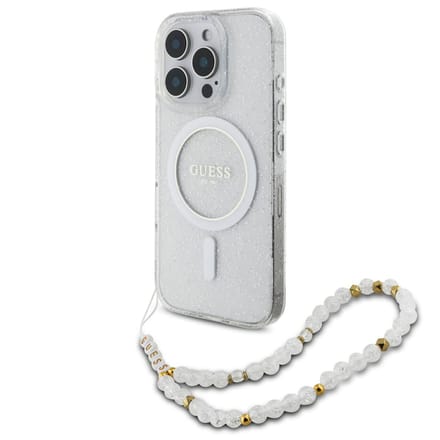 Guess MagSafe IML Glitter Case met beads strap voor de Apple iPhone 16 Pro - Transparent