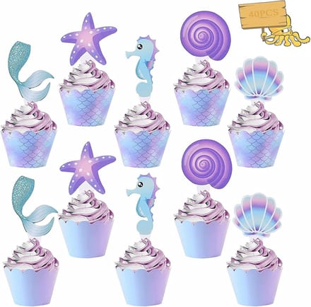 40 stuks, zeemeermin, cupcake-wrappers, taartdeksel voor verjaardagsfeestje