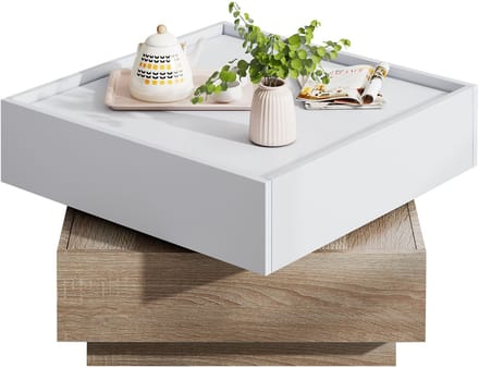 HOMCOM Rotate - 360° Draaibare Salontafel - 2 Etages & Opberglade - Walnoten Frame & Wit - 60x60x38 cm