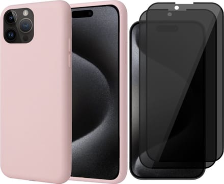 Hoesje geschikt voor iPhone 15 Pro Max - 2x Privacy Screen Protector FullGuard - Back Cover Case SoftTouch Roze & Screenprotector