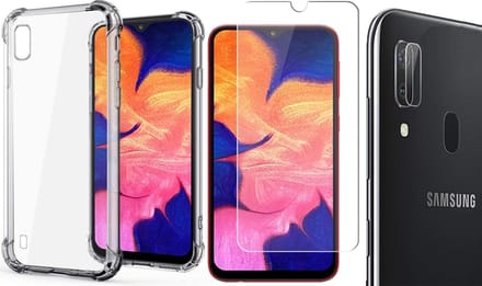 Hoesje geschikt voor Samsung Galaxy A10 - Screenprotector Glas & Camera Screen Protector - Transparant Shock Case