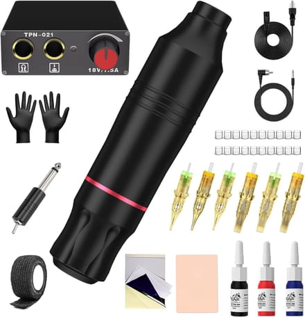 Tattoo Machine met Accessoires - Tattoo kit Draadloos - Complete Set - Zwart met rode accenten
