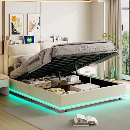 Opbergbed 140x200 Beige Velvet – Bed met LED, USB & Draadloos Opladen