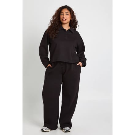 boohoo Dames Plus Button Down wijde pijp joggers | Black | Maat: 20