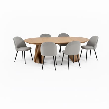 Tokyo eethoek eettafel natuur, 6 stoelen met grijze velours bekleding.