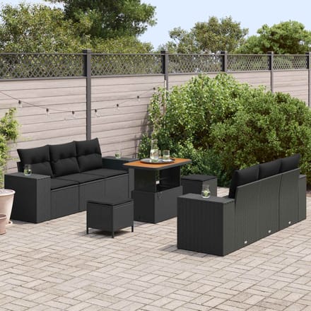 vidaXL Tuinbank Set met kussen met opslag 9 pcs Zwart Poly Riet