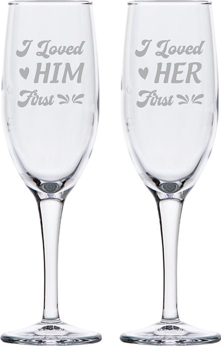 Gegraveerde set Champagneglazen 16,5cl I loved him first - I loved her first