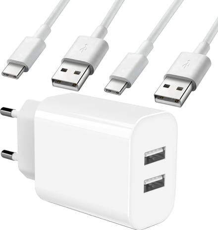 USB Adapter met 2x USB-C Kabel - 1 Meter - Wit - Oplader & Oplaadkabel voor S21,Tab S7,Tab A8,Tab S6 Lite, A52, A53, A51, A13, S22, S21, S10 - Combi pakket