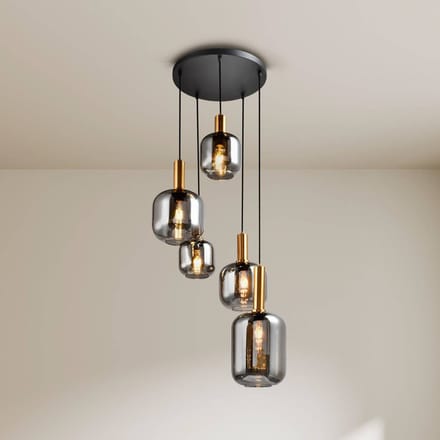 Näve Hanglamp Fumo, rookglas, 5-lamps, rondel
