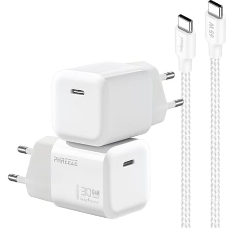 30w usb C GaN lader met usb C kabel 1 meter gevlochten wit