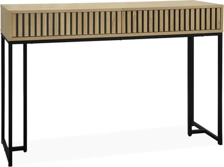 sweeek - Eigentijdse sidetable met 2 laden in gegroefd houtdecor, zwart metalen structuur en basis