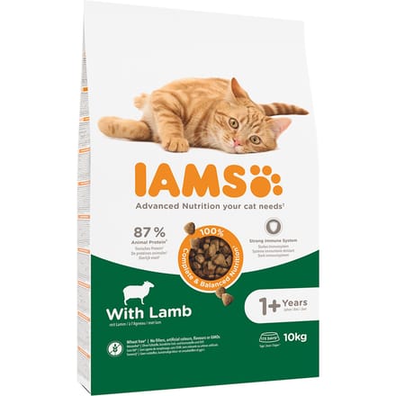 IAMS droogvoer voor volwassen katten met lam - Complete voeding voor een gezonde spijsvertering, 10kg zak