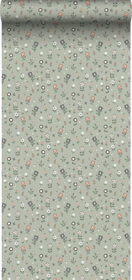 ESTAhome behang bloemetjes vergrijsd groen - 53 cm x 10.05 m - 139287
