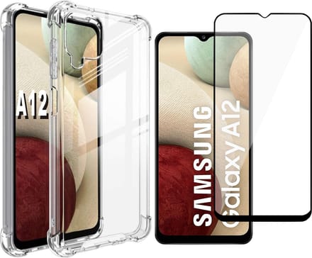 Hoesje geschikt voor Samsung Galaxy A12 - Screen Protector FullGuard - Back Cover Case ShockGuard Transparant & Screenprotector