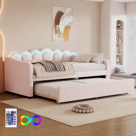 Eenpersoons Bed met Uitschuifbaar Onderbed en LED Verlichting, 90x200 cm, Roze Fluweel