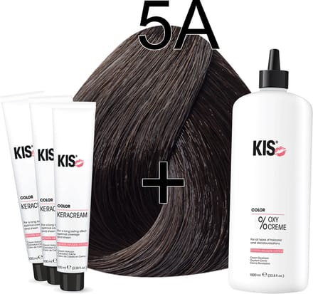 Kis KeraCream Color - 100ml - Haarverf Set - 5A Licht asbruin | KIS - (3 x haarverf & 1L waterstofperoxide)