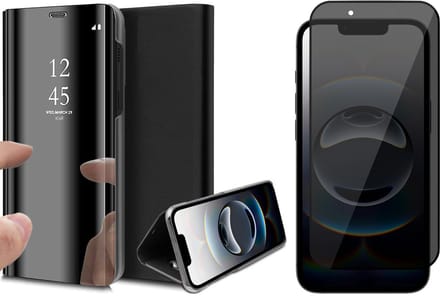 Hoesje geschikt voor iPhone 16e - Privacy Screenprotector Volledig Dekkend Glas - Spiegel Book Case Zwart