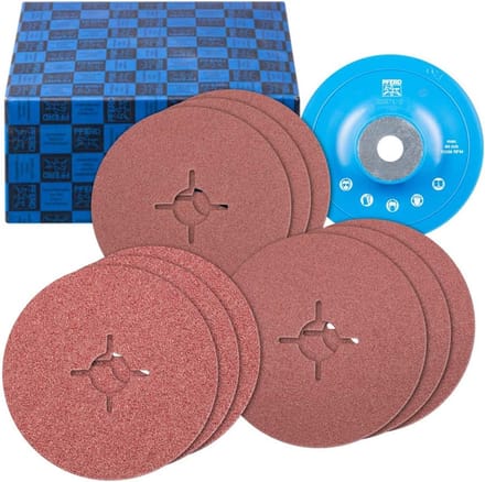 Set van 10 glasvezelschijven met steunschijven - korund Ø125mm A36, 60, 80