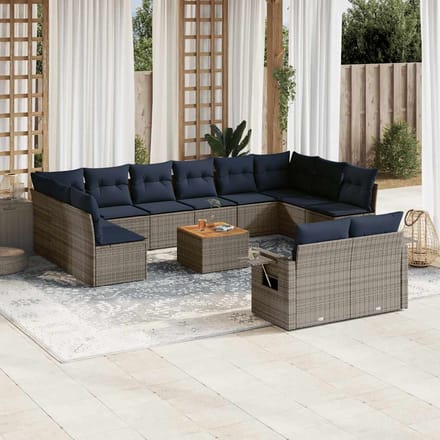 vidaXL - 13-delige - tuinbankset - met - kussens, - grijs - polyrotan