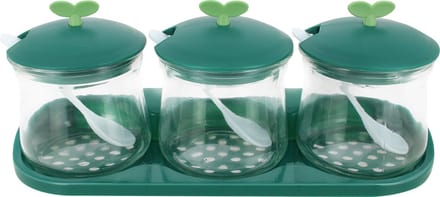 Cheffinger, Set van 3 Kruidenpotten in Glas met Dekselen en Plastic Houder, Groen