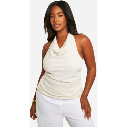 boohoo Dames Plusmaat Linnenlook Tie Halterneck Top | Steen | Maat: 54